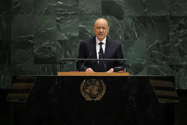 Chairman of Yemen’s Presidential Leadership Council Dr. Rashad al-Alimi speaks at the UN General Assembly in September. (Reuters)