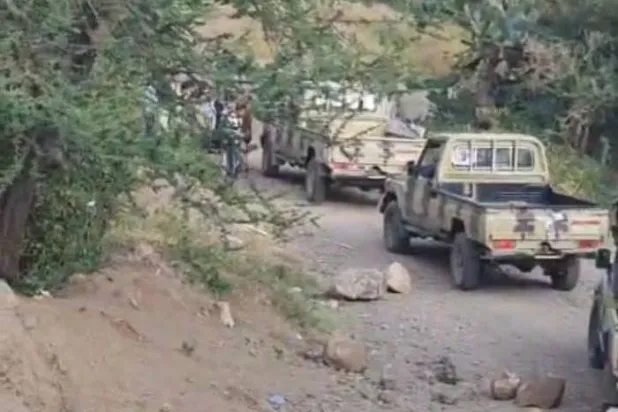 دوريات عسكرية حوثية لدى وصولها لإحدى القرى في إب (فيسبوك)