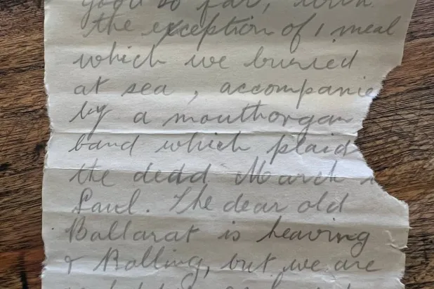 This photo provided by Deb Brown shows a letter discovered in a bottle in Condingup, Australia, Saturday, Oct. 25, 2025. (Deb Brown via AP)