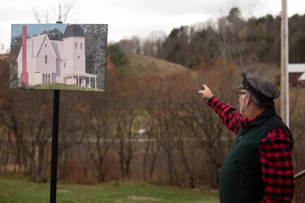 East Corinth resident and Beetlejuice fan Wade Pierson points to the hill where a home was constructed and later taken down for the Beetlejuice films in East Corinth, Vt., Tuesday, Oct. 28, 2025. (AP)