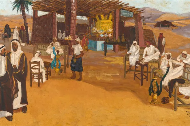 لوحة «مقهى في طريق المدينة» للفنانة صفية بن زقر (سوذبيز)