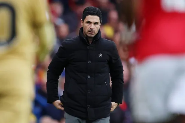 Arsenal manager Mikel Arteta looks on during the English Premier League match between Arsenal FC and Crystal Palace FC at the Emirates Stadium in London, Britain, 26 October 2025. (EPA)