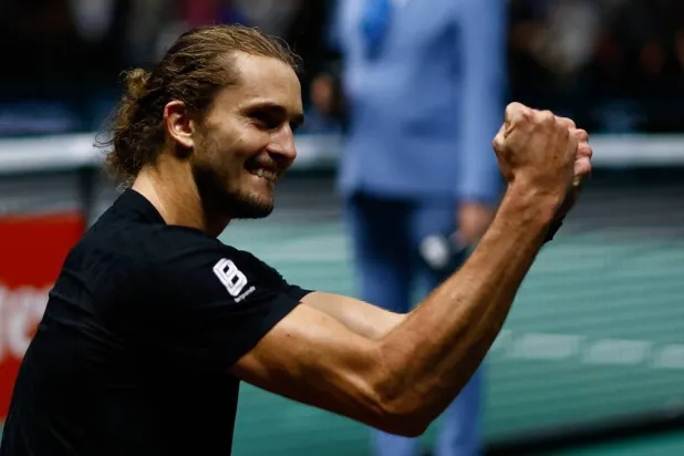 Alexander Zverev of Germany celebrates after winning his quarter-finals match against Daniil Medvedev of Russia at the ATP Paris Masters tennis tournament in Nanterre, outside Paris, France, 31 October 2025. (EPA)