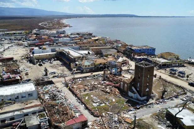 Drone view of a destroyed church and damaged buildings, in the aftermath of Hurricane Melissa, in Black River, Jamaica, November 2, 2025. (Reuters)