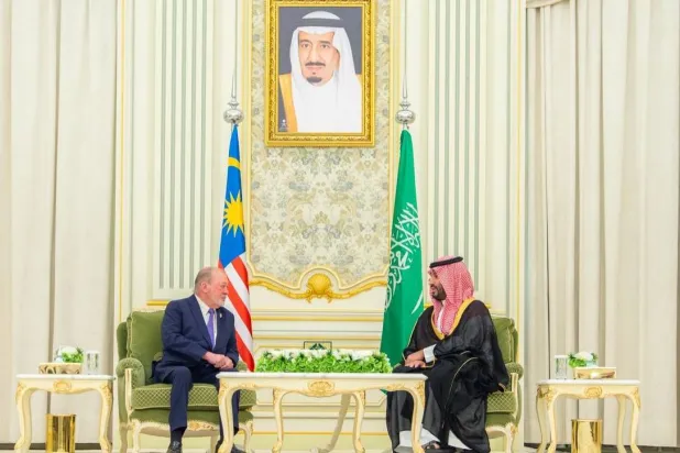 الأمير محمد بن سلمان ولي العهد السعودي والعاهل الماليزي السلطان إبراهيم إسكندر خلال جلسة المباحثات الرسمية في الرياض (واس)