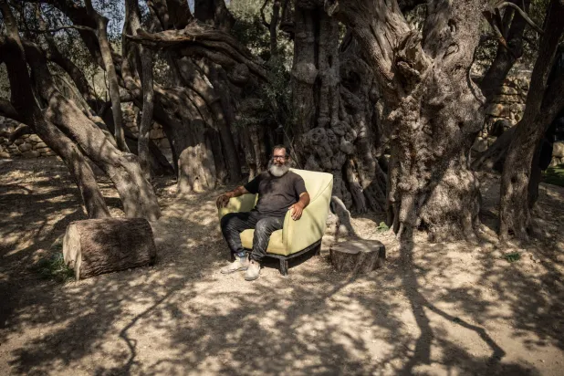 Salah Abu Ali, 52, official guardian of Palestinians alleged oldest olive tree, between 3,000 and 5,000 years old poses for a portrait under it in Al-Walajah, occupied West Bank on November 4, 2025. (AFP)