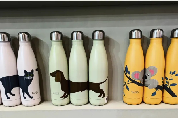 A selection of Lifestyle WD water bottles featuring animals are displayed at the Ambiente homewares trade fair in Frankfurt, Germany in Feb. 2025. (Kim Cook via AP)