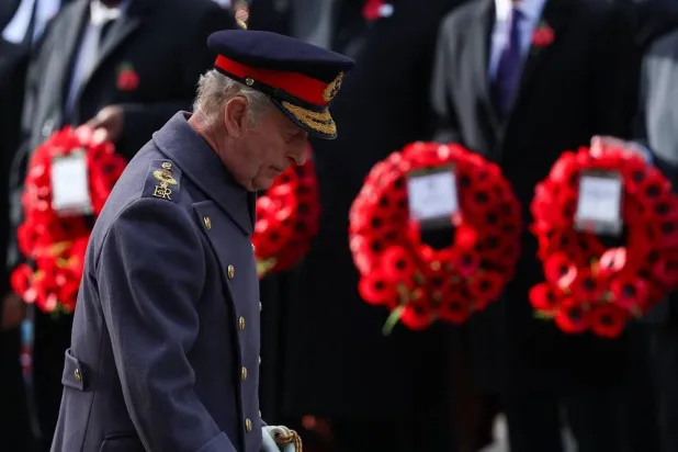  Britain's King Charles attends the annual Remembrance Sunday ceremony at The Cenotaph on Whitehall in London, Sunday Nov. 9, 2025. (AP)