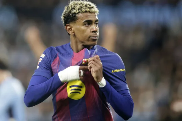 Soccer Football - LaLiga - Celta Vigo v FC Barcelona - Estadio de Balaidos, Vigo, Spain - November 9, 2025 FC Barcelona's Lamine Yamal celebrates scoring their third goal. (Reuters)