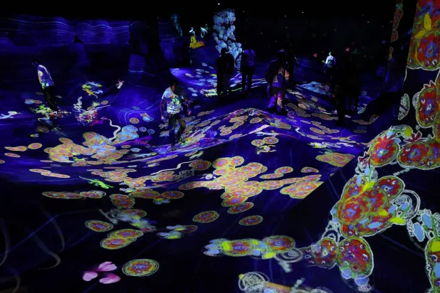 Visitors watch digital artwork at teamLab Biovortex in Kyoto, Japan, November 9, 2025. REUTERS/Kim Kyung-Hoon
