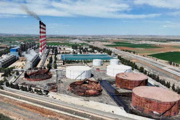 FILE PHOTO: A drone view shows the power plant in Aleppo, Syria, April 15, 2025. REUTERS/Mahmoud Hassano/File Photo