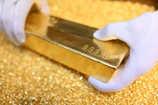 FILED - 20 March 2023, Pforzheim: A gold bar weighing 12.5 kilograms is placed on gold granules at Agosi AG in Pforzheim. Photo: Uli Deck/dpa