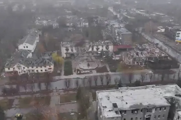 An aerial view shows the town of Myrnohrad, Ukraine in this screengrab from a video released November 12, 2025 and obtained by REUTERS. 