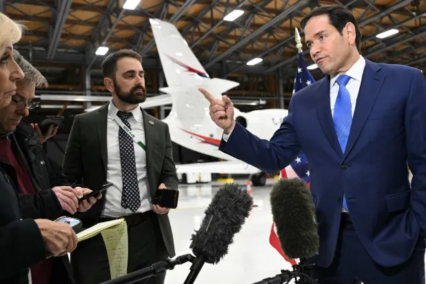 Marco Rubio speaking to reporters about Sudan at John C. Munro Hamilton International Airport in Ontario, Canada (AP) 