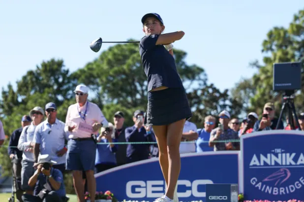 Nov 13, 2025; Belleair, Florida, USA; Kai Trump tees off on the thirteenth hole during the first round of The ANNIKA golf tournament at Pelican Golf Club. Mandatory Credit: Nathan Ray Seebeck-Imagn Images