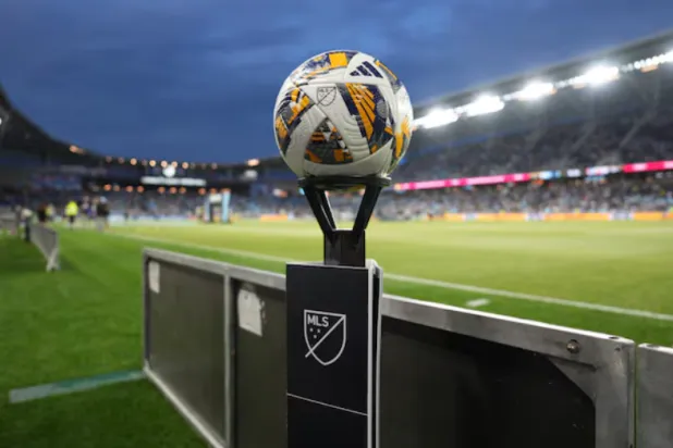 Sep 18, 2024; Saint Paul, Minnesota, USA; A Major League Soccer ball sits on a stand prior to a match between FC Cincinnati and Minnesota United at Allianz Field. Mandatory Credit: Matt Blewett-Imagn Images 