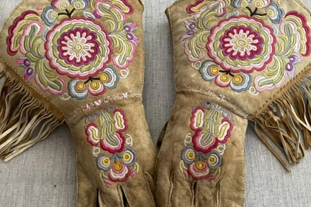 A pair of gauntlets made in the late 19th-century Cree-Metif native Canadian traditional style by indigenous activist Gregory Scofield. Gregory Scofield, AP