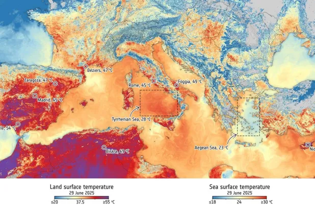 خرائط جوية تُظهر موجة الحر الشديدة التي اجتاحت جنوب أوروبا وشمال أفريقيا في 29 يونيو 2025 مع درجات حرارة مرتفعة بشكل غير معتاد (وكالة الفضاء الأوروبية)