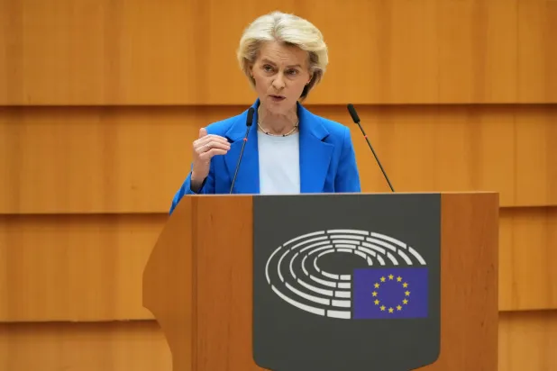 European Commission President Ursula von der Leyen addresses the plenary on the 2028-2034 Multiannual Financial Framework at the European Parliament in Brussels, Belgium, Wednesday, Nov. 12, 2025. (AP Photo/Virginia Mayo)