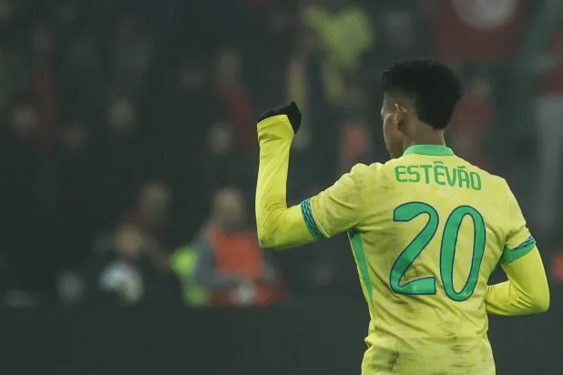 Estevao of Brazil celebrates a goal during the International friendly soccer match between Tunisia and Brazil in Villeneuve-d'Ascq, France, 18 November 2025. (EPA)