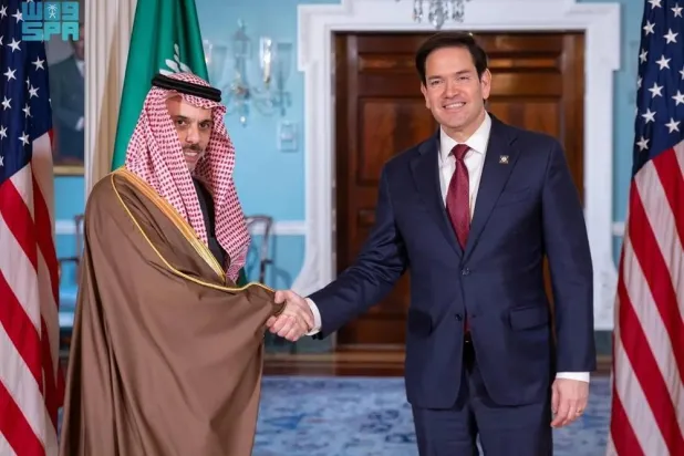 Saudi Foreign Minister Prince Faisal bin Farhan bin Abdullah and US Secretary of State Marco Rubio meet in Washington in April. (SPA)