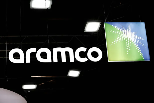 The Saudi Aramco logo is pictured at Hyvolution exhibition in Paris, France, February 1, 2024. (Reuters)