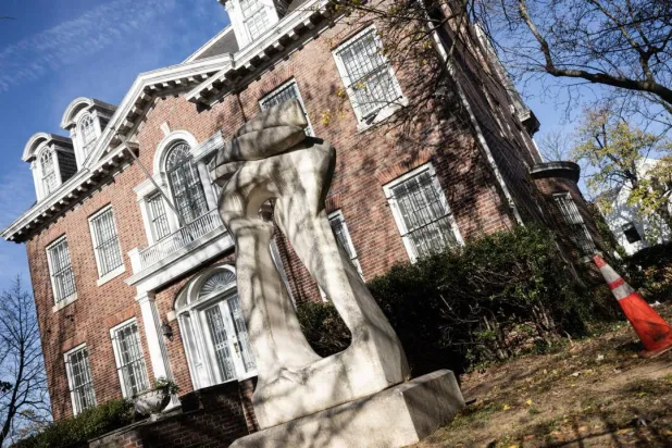 The Syrian embassy is seen behind locked gates in Washington, DC on November 14, 2025. ANDREW CABALLERO-REYNOLDS / AFP
