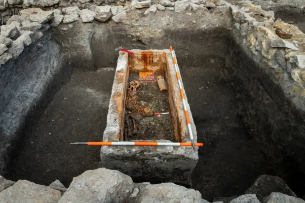 This photo released by Budapest History Museum shows an intact Roman sarcophagus after its lid was lifted at an archeological site in Budapest, Hungary, Sept. 30, 2025. (Gabor Lakos, Budapest History Museum via AP)

