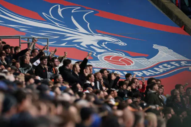 Soccer Football - Premier League - Crystal Palace v Brighton & Hove Albion - Selhurst Park, London, Britain - November 9, 2025 General view of a giant Crystal Palace banner and Crystal Palace fans during the match REUTERS/Isabel Infantes 