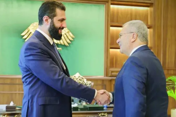 Syrian President Ahmed al-Sharaa receiving Lebanese Deputy Prime Minister Tarek Mitri at the People’s Palace (SANA)