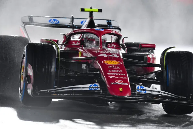 Nov 21, 2025; Las Vegas, NV, USA; Ferrari driver Lewis Hamilton (44) during qualifying for the Las Vegas Grand Prix at Las Vegas Strip Circuit. Mandatory Credit: Gary A. Vasquez-Imagn Images
