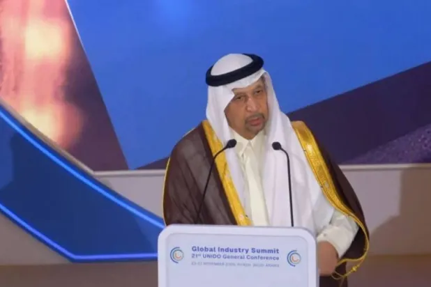 Saudi Minister of Investment Khalid Al-Falih spoke at the Global Industry Summit 2025. Asharq Al-Awsat
