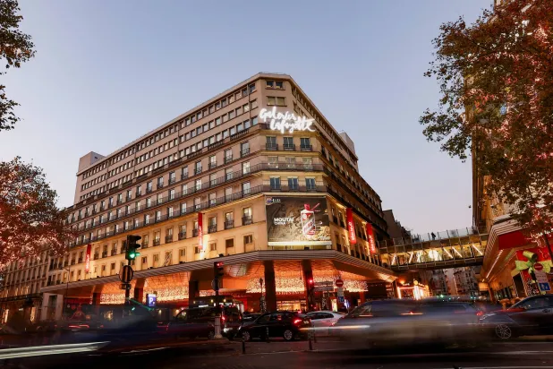 View of the facade of the Galeries Lafayette department store in Paris, France, November 21, 2025. Picture taken with a long exposure. REUTERS/Abdul Saboor