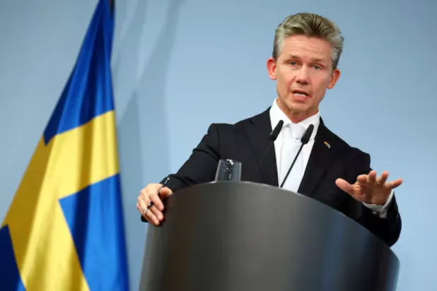 Swedish Defense Minister Pal Jonson attends a press conference in Berlin, Germany, September 23, 2025. REUTERS/Lisi Niesner