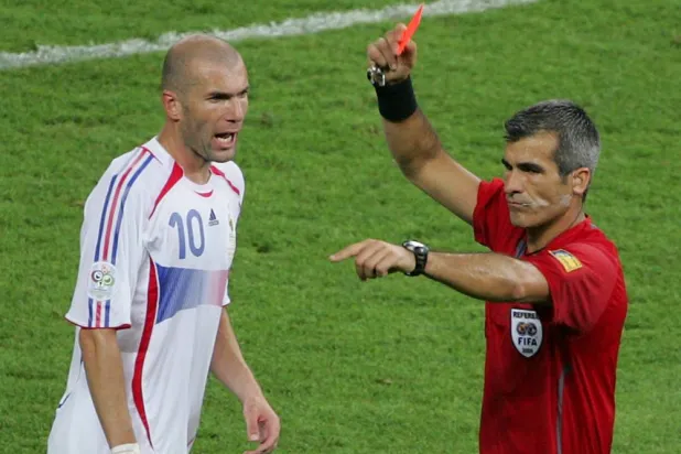 Referee Horacio Elizondo shows the red card to France's Zineidine Zidane during the final of the soccer World Cup between Italy and France in the Olympic Stadium in Berlin, on July 9, 2006. (AP)