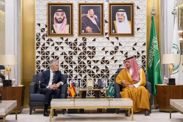 وزير الداخلية السعودي الأمير عبد العزيز بن سعود بن نايف لدى لقائه نظيره الإسباني فيرناندو غراندي مارلاسكا في الرياض (واس)