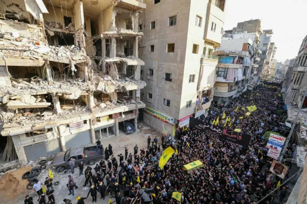 Funeral of Hezbollah chief of staff Haitham Tabtabai and others killed in an Israeli strike in Beirut’s southern suburbs (AFP)