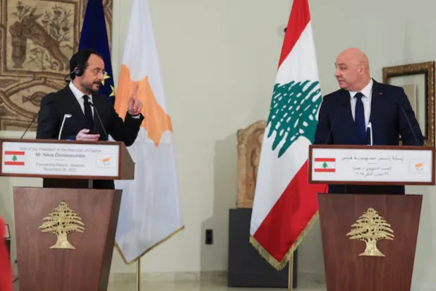 Cyprus' President Nikos Christodoulides and Lebanese President Joseph Aoun attend a press conference after the signing of the maritime demarcation agreement, at the presidential palace in Baabda, Lebanon November 26, 2025. REUTERS/Mohamed Azakir 