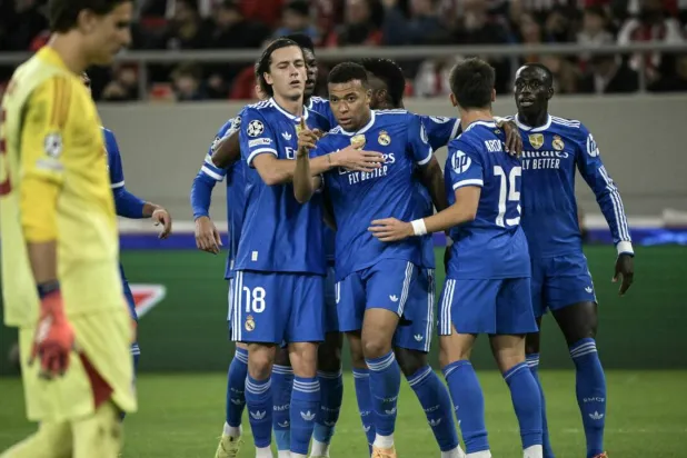 Real Madrid let in three goals against Olympiacos but Kylian Mbappe scored four to claim victory in Athens in midweek. Angelos Tzortzinis / AFP
