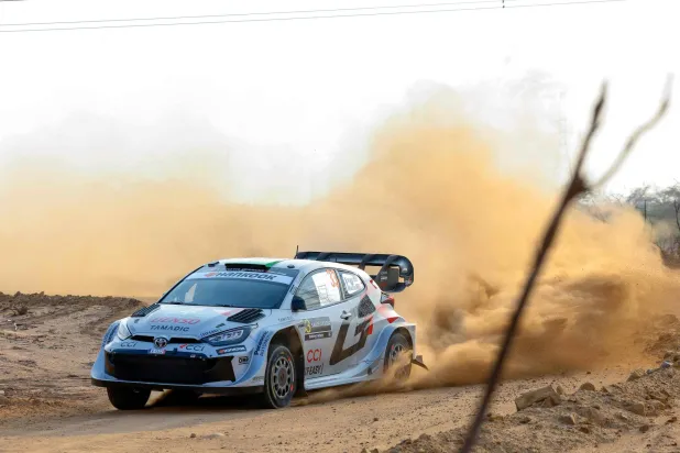  Toyota Gazoo Racing WRT Team's British Elfyn Evans and co-driver Scott Martin compete in their Toyota GR Yaris Rally 1 during the second stage of the FIA World Rally Championship (WRC) in Jeddah on November 27, 2025. (AFP) 