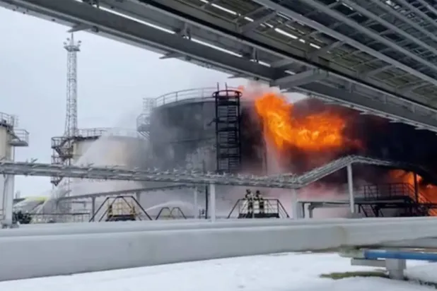 Firefighters extinguish oil tanks at a storage facility that local authorities say caught fire after the military brought down a Ukrainian drone, in the town of Klintsy in the Bryansk Region, Russia January 19, 2024, in this still image taken from video. Russian Emergencies Ministry/Handout via REUTERS/File Photo
