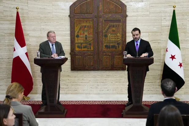 Danish Minister for Foreign Affairs Lars Loekke Rasmussen (L) meets with Syrian Minister for Foreign Affairs Assad al-Shaibani (R) at Tishreen Palace in Damascus, Syria, 29 November 2025. EPA/MADS CLAUS RASMUSSEN