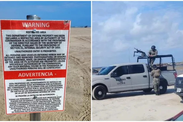 Meksika Donanması askerleri, sahile giderek uyarı levhalarını söktü (Twitter / @MORRIS80766176)