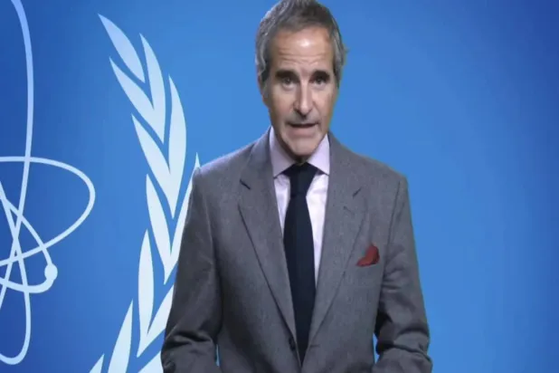 IAEA Director General Rafael Grossi in a video message opening the International Conference on Nuclear and Radiological Emergencies that kicked off in Riyadh on Tuesday. Asharq Al-Awsat