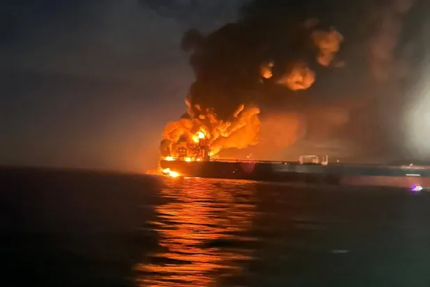 Flames and thick smoke rise from a tanker after blasts rocked two vessels from Russia’s shadow fleet in the Black Sea near Türkiye's Bosphorus Strait, in this image released November 28, 2025. Turkish Directorate General for Maritime Affairs/Handout via REUTERS