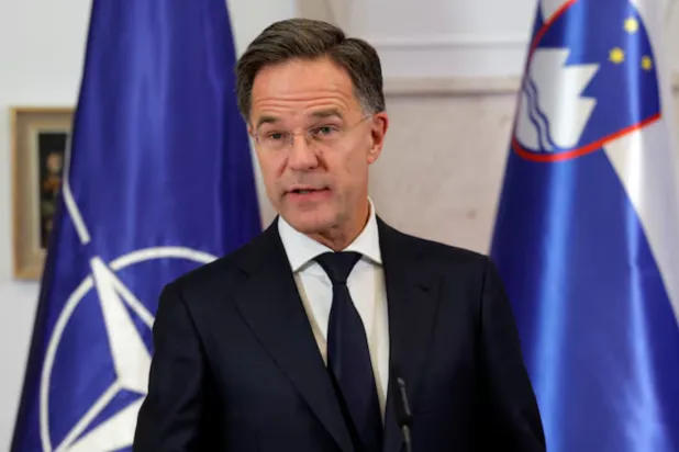NATO Secretary General Mark Rutte talks at the press conference during his visit in Slovenia, in Brdo pri Kranju, Slovenia, October 13, 2025. REUTERS/Borut Zivulovic 