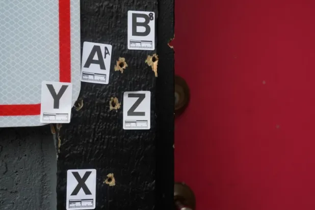 Bullet holes are shown where a mass shooting took place Saturday at a banquet hall in Stockton, Calif., Monday, Dec. 1, 2025. (AP Photo/Jeff Chiu)

