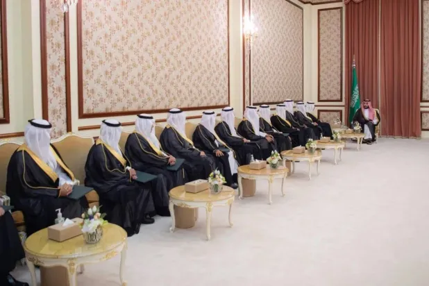 Prince Mohammed bin Salman bin Abdulaziz Al Saud, Crown Prince and Prime Minister, with the new ambassadors during the ceremony on Tuesday. (SPA)