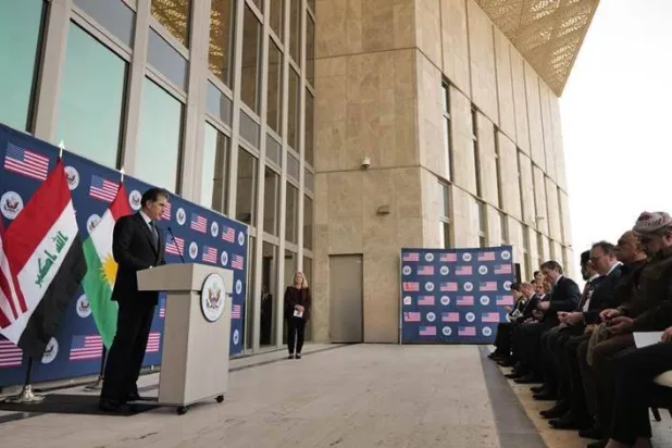 رئيس إقليم كردستان نيجيرفان بارزاني خلال مراسم افتتاح القنصلية الأميركية في أربيل بإقليم كردستان العراق (شبكة روداو)