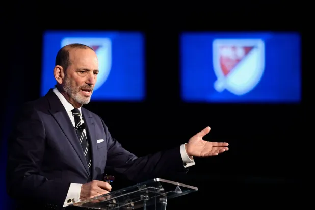 WASHINGTON, DC - DECEMBER 04: MLS Commissioner Don Garber speaks during the MLS Commissioner State of the League Address at Audi Field on December 04, 2025 in Washington, DC.   Hannah Foslien/Getty Images/AFP